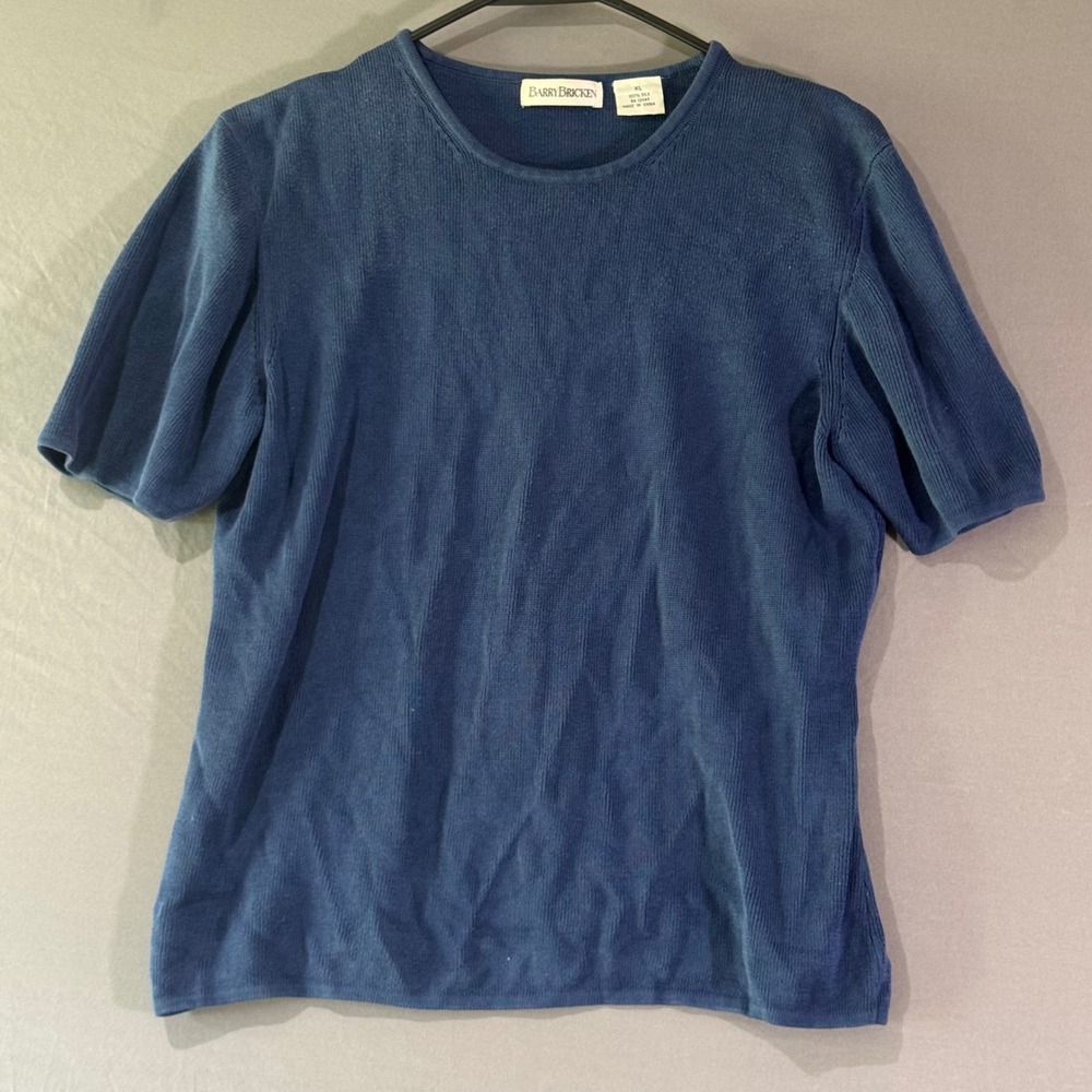 Barry Bricken Knit Womens XL Blue Excellent Vintage Y2K 100% Silk Short Sleeve